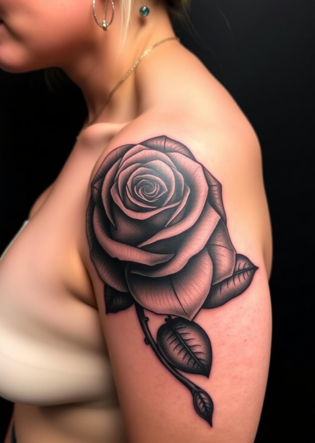 Großes Black-&-Grey Rosen-Tattoo auf der Schulter