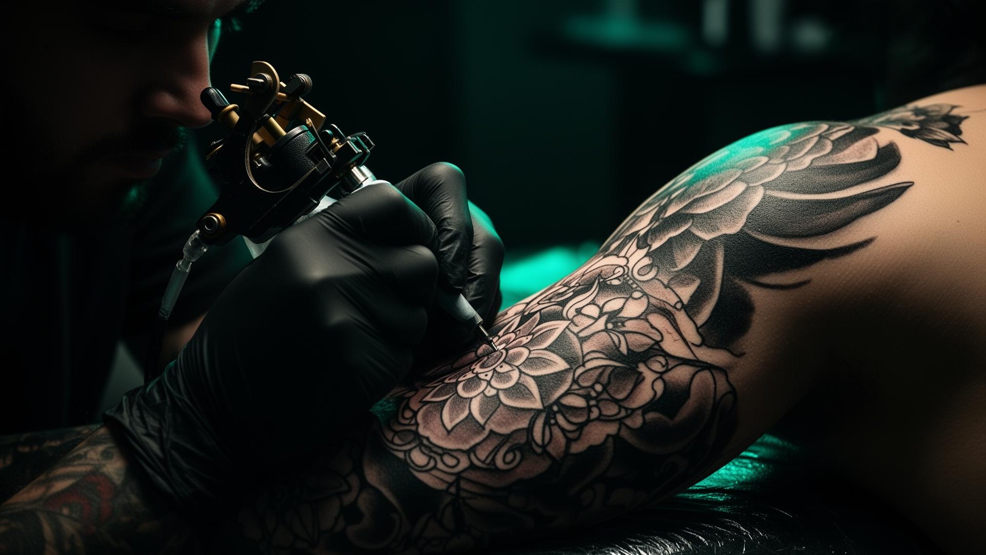 Tätowierer beim Stechen eines detailreichen Tattoos im Last Resort Studio Hildesheim